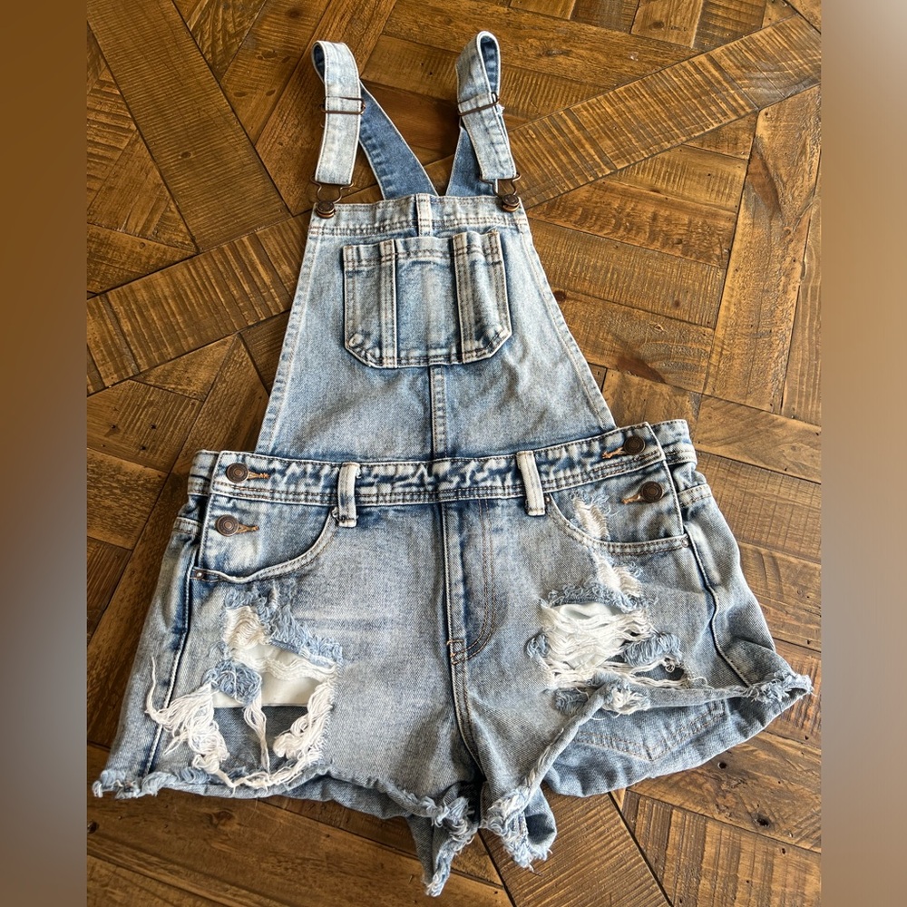 Distressed Denim Overall Shorts